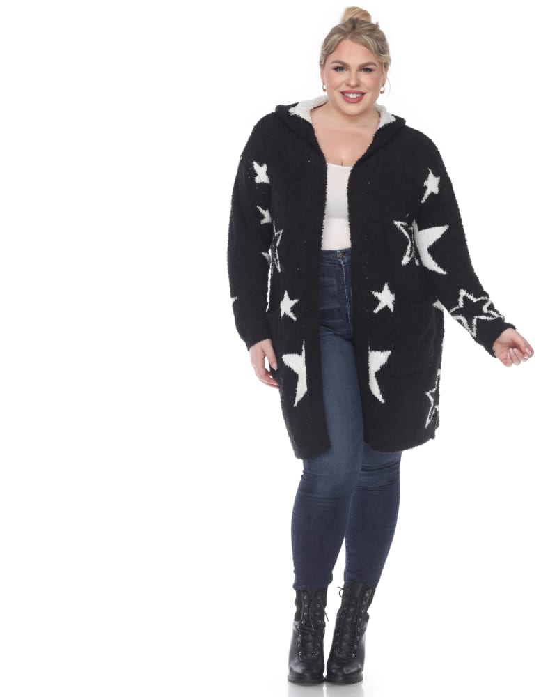 Front of a model wearing a size 2X/3X Hooded Open Front Sherpa Coat in Black/White Stars by White Mark. | dia_product_style_image_id:247501